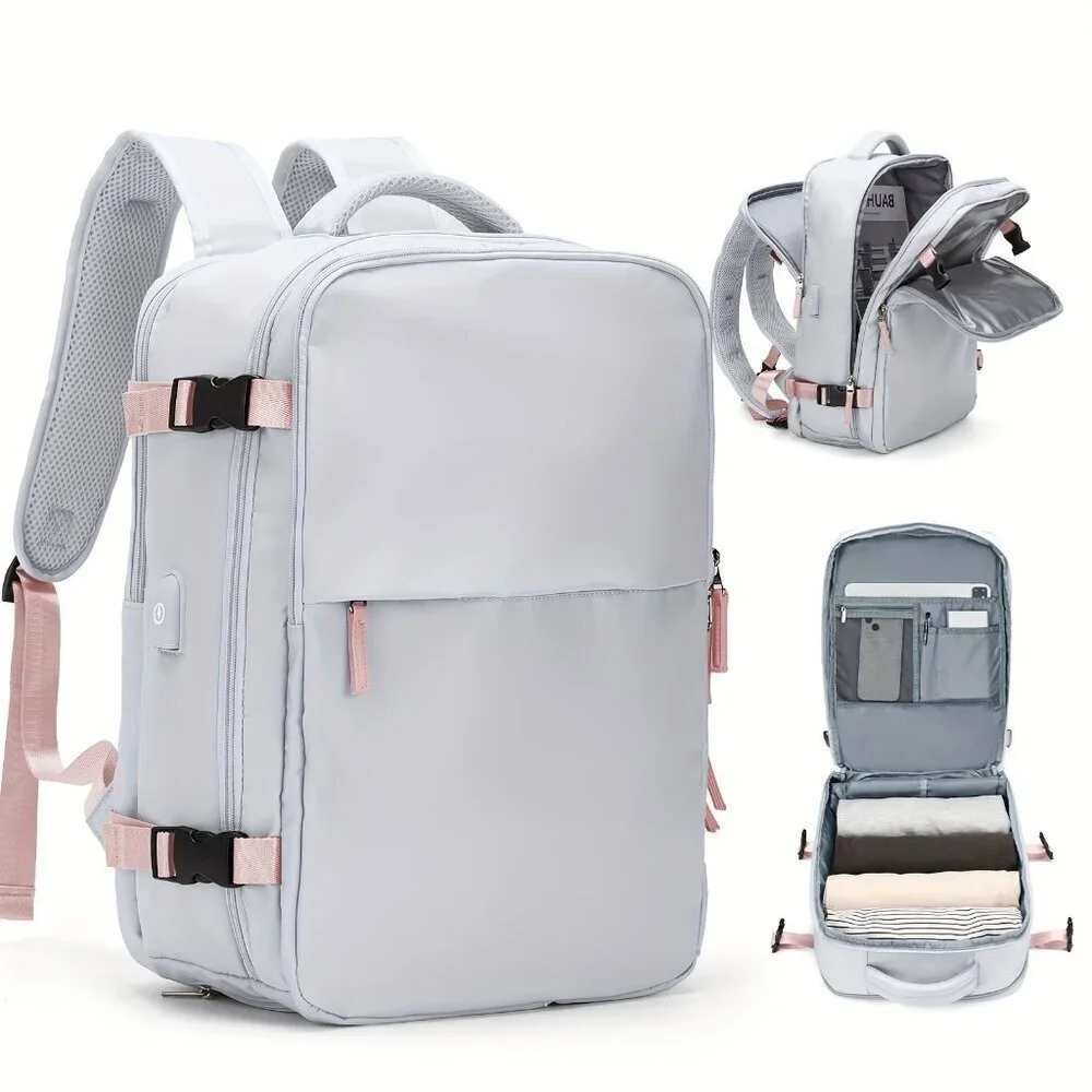 White Waterproof Travel Backpack 15” Laptop Carry-On USB Travel Bag